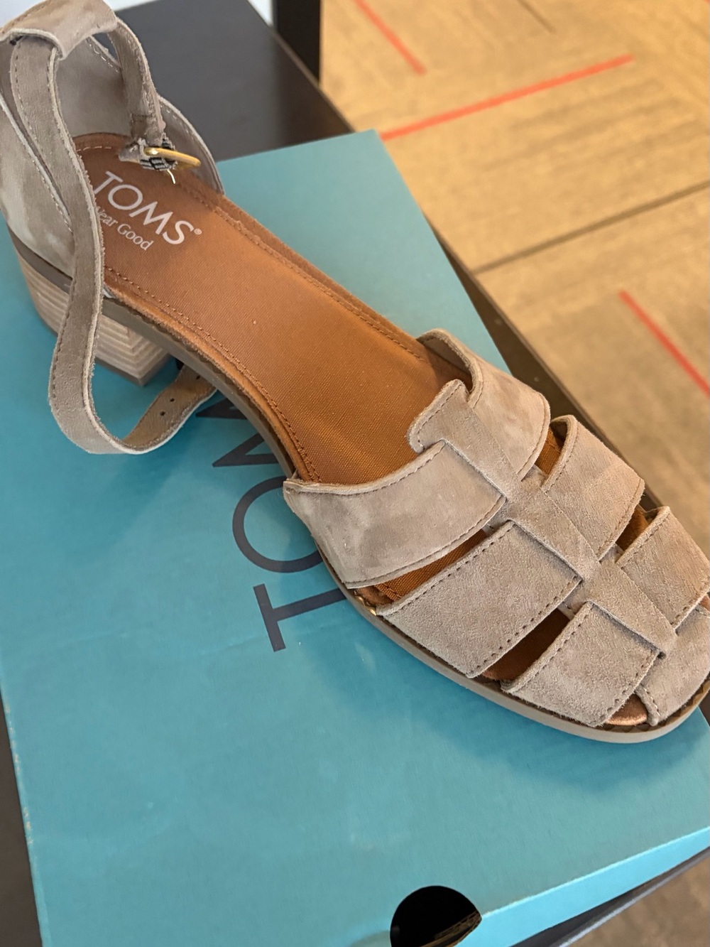TOMS Taupe Suede Woven Ankle Strap Block Heel Sandals